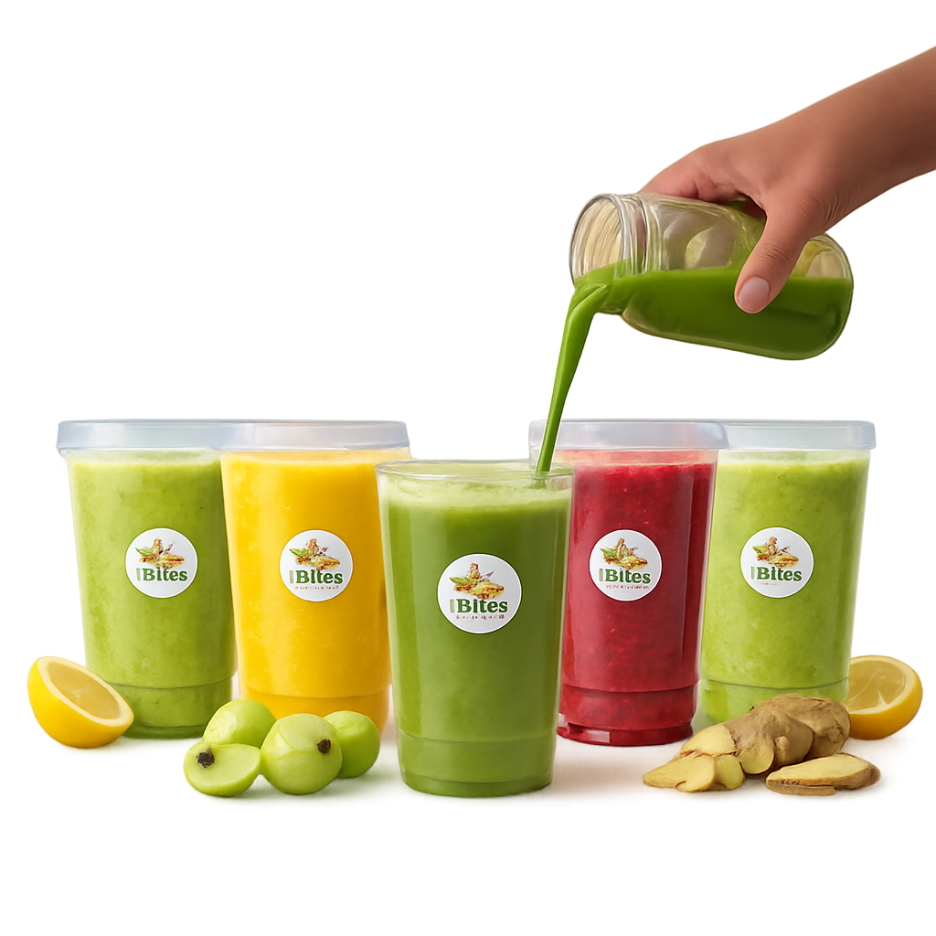 iBites fresh cold pressed juices collection - immunity booster, hair growth and skin glow wellness shots
